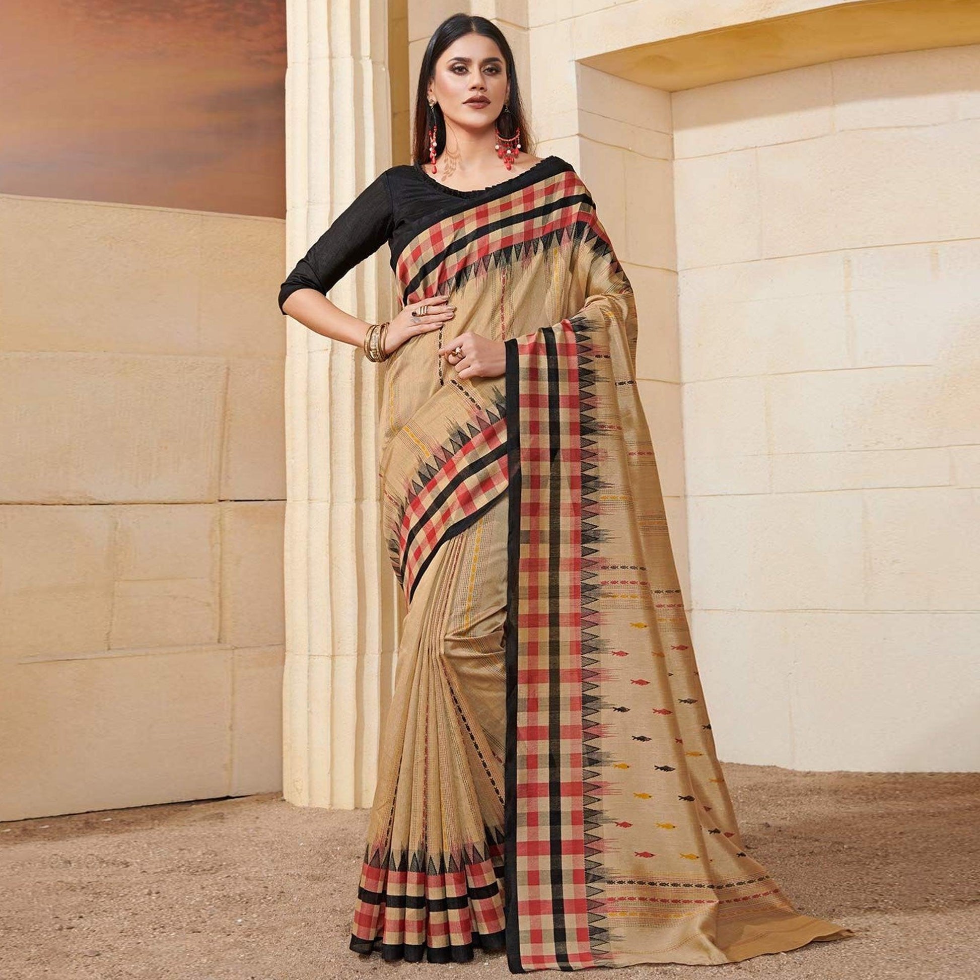 Fantastic Beige Colored Casual Wear Printed Bhagalpuri Silk Saree
