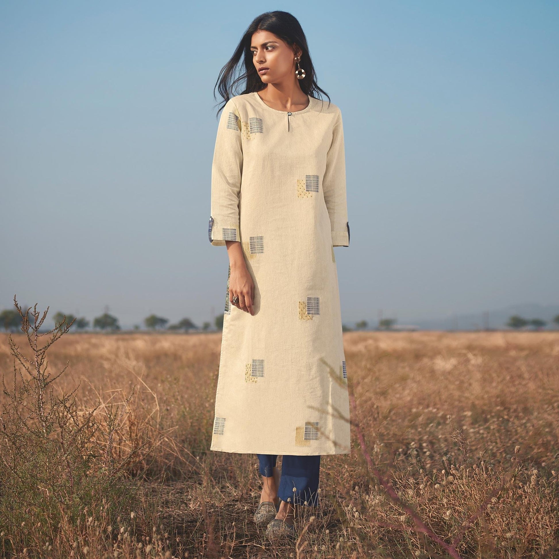 Fantastic Beige Colored Party Wear Handwork Handloom Cotton Kurti-Pant Set