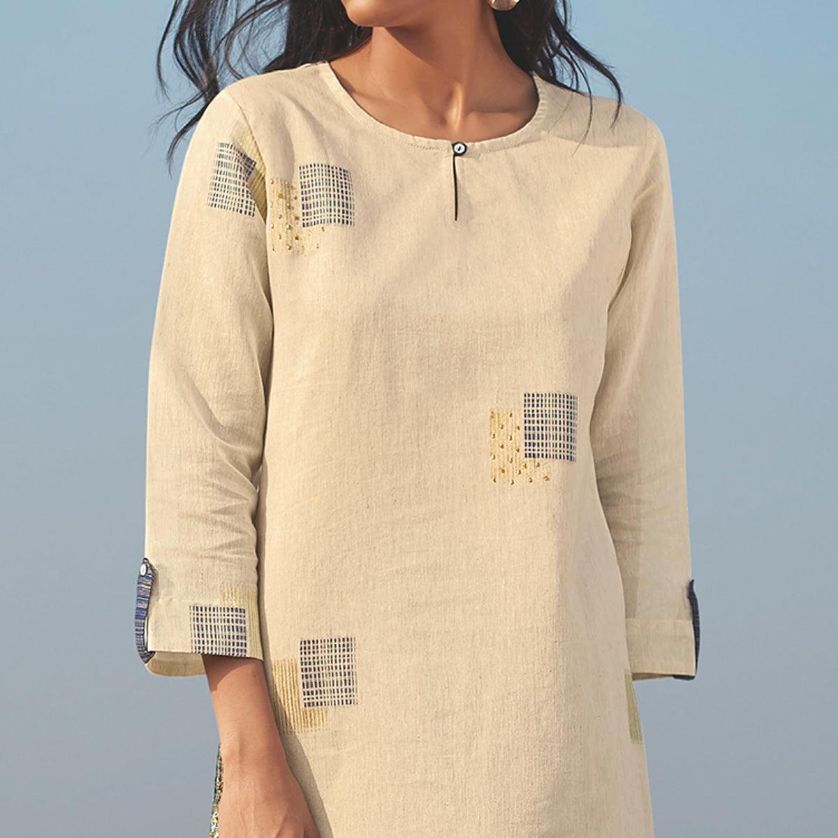 Fantastic Beige Colored Party Wear Handwork Handloom Cotton Kurti-Pant Set