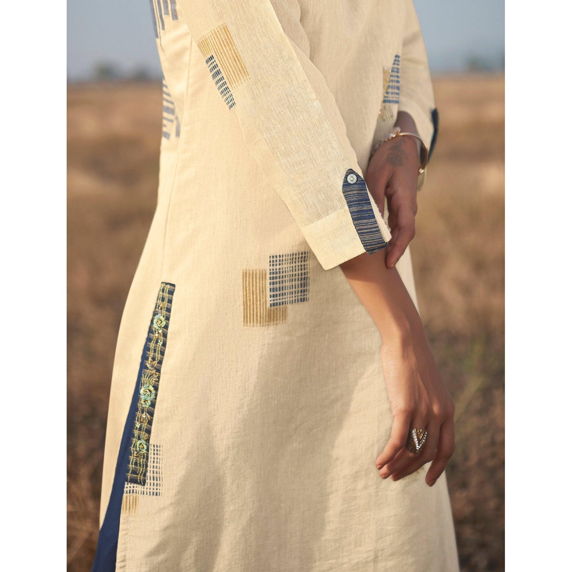 Fantastic Beige Colored Party Wear Handwork Handloom Cotton Kurti-Pant Set
