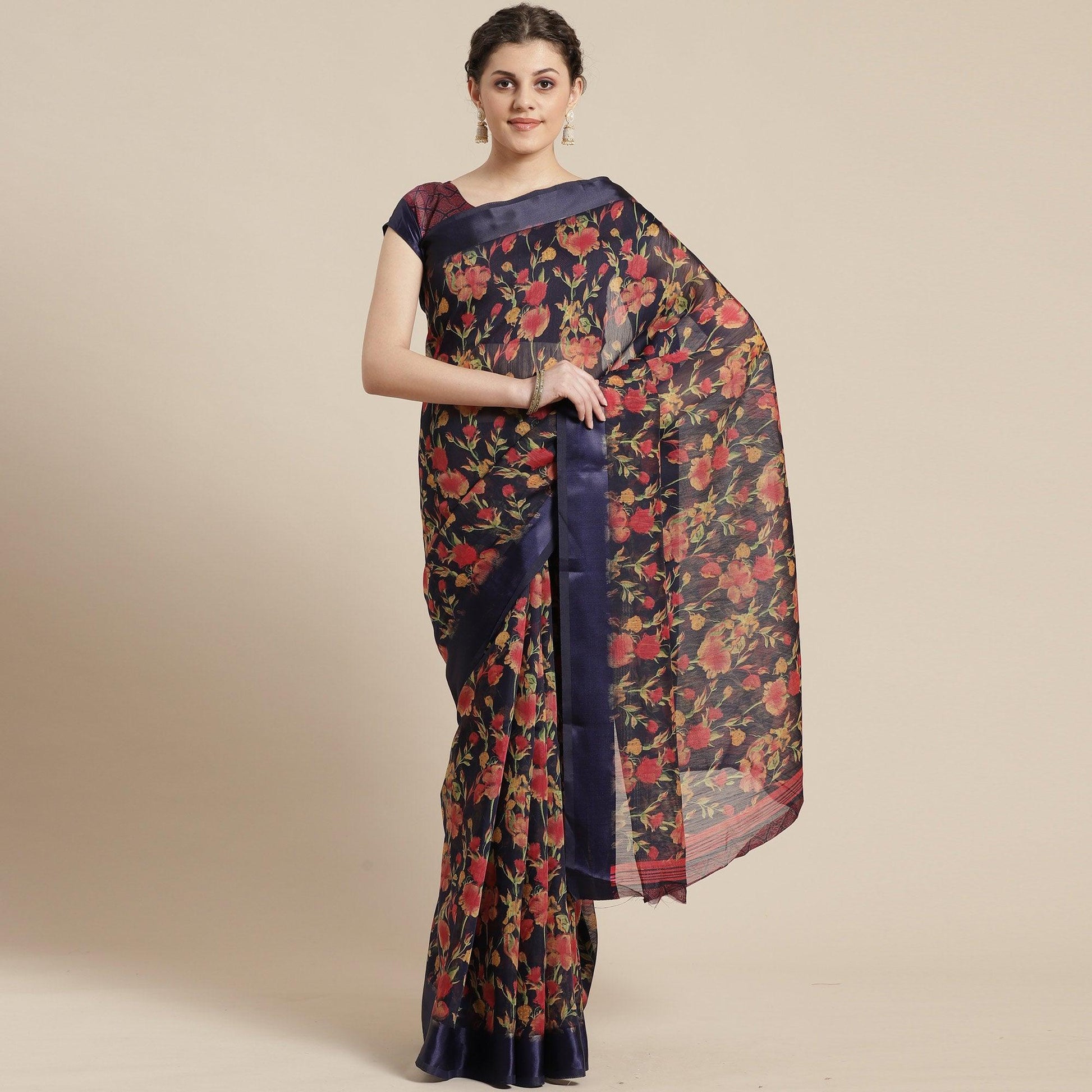 Fantastic Blue Colored Casual Wear Floral Printed Cotton Silk Saree