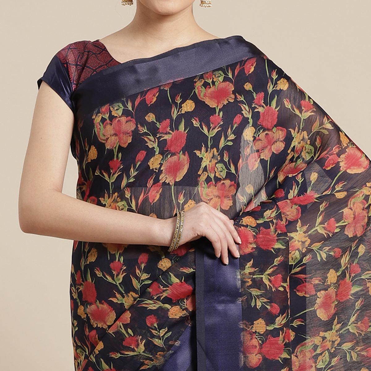 Fantastic Blue Colored Casual Wear Floral Printed Cotton Silk Saree
