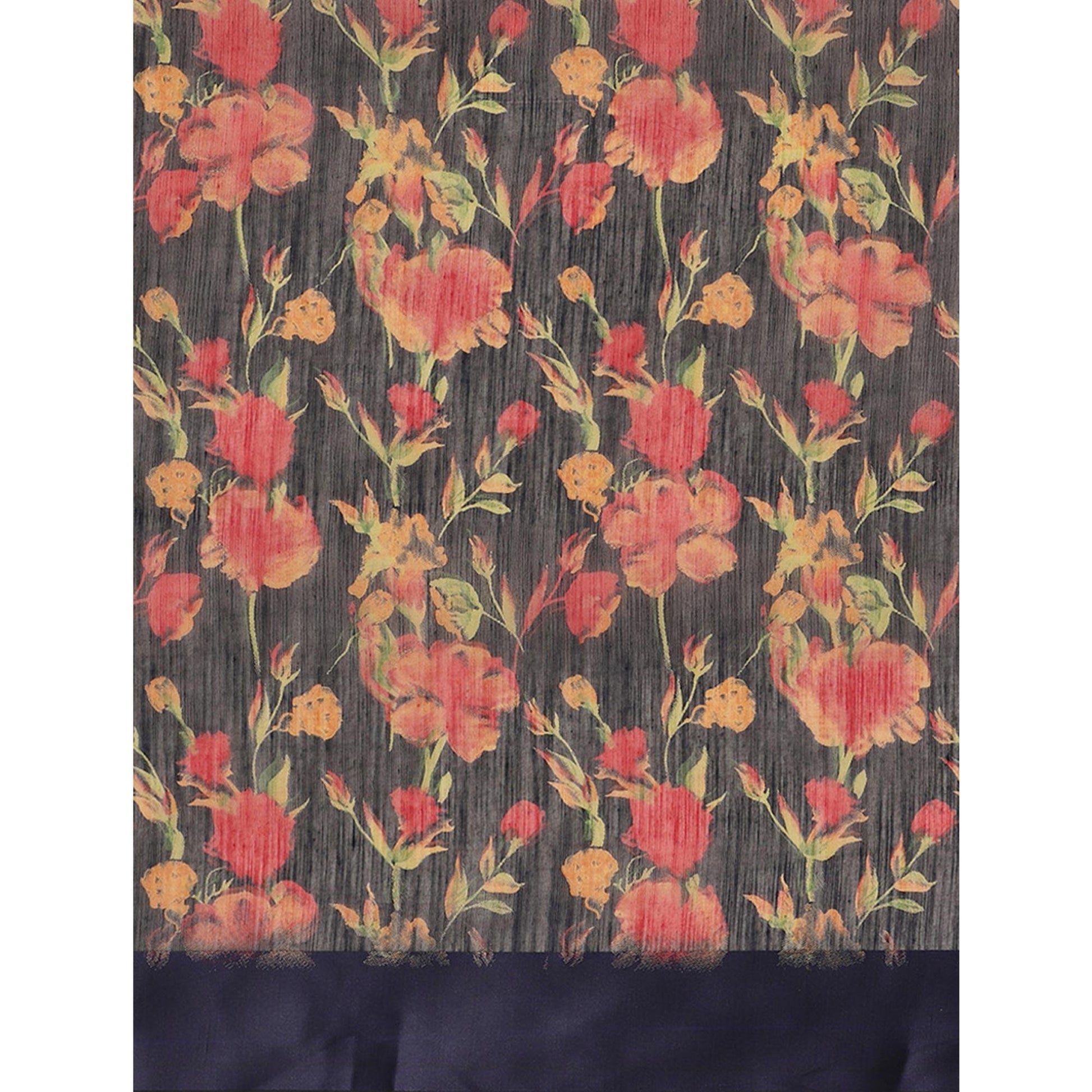 Fantastic Blue Colored Casual Wear Floral Printed Cotton Silk Saree