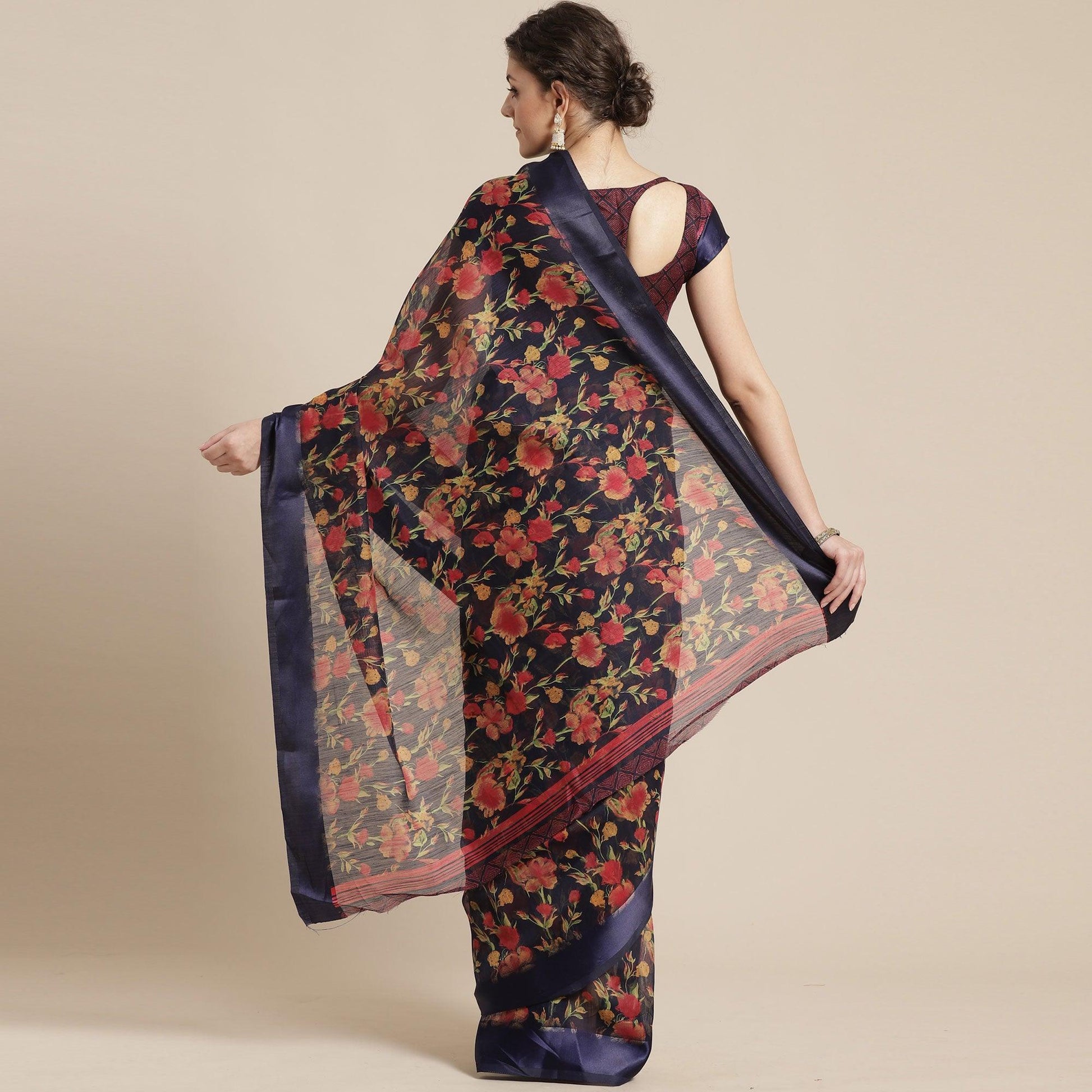 Fantastic Blue Colored Casual Wear Floral Printed Cotton Silk Saree