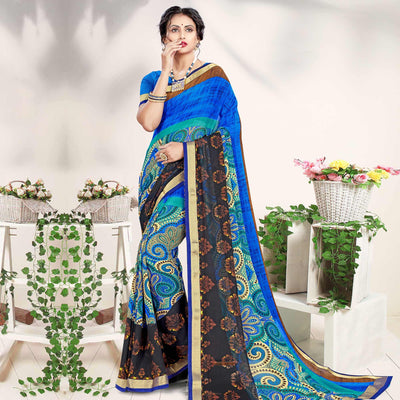 Fantastic Blue Colored Casual Wear Printed Georgette Saree