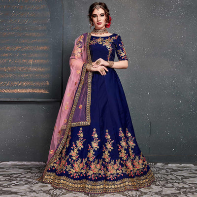 Fantastic Blue Colored Wedding Wear Embroidered Tapeta Satin Silk Lehenga Choli