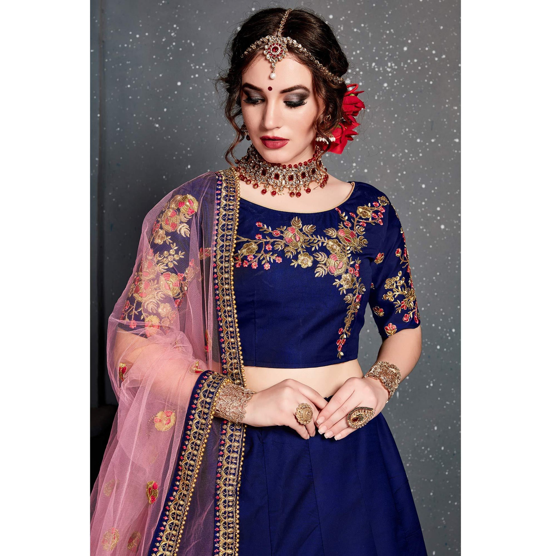 Fantastic Blue Colored Wedding Wear Embroidered Tapeta Satin Silk Lehenga Choli