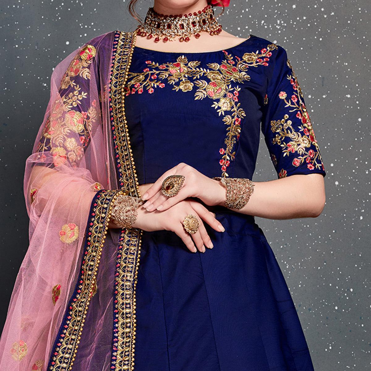 Fantastic Blue Colored Wedding Wear Embroidered Tapeta Satin Silk Lehenga Choli