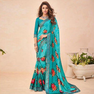 Fantastic Blue Coloured Casual Wear Printed Crepe Saree