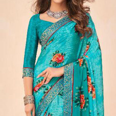 Fantastic Blue Coloured Casual Wear Printed Crepe Saree