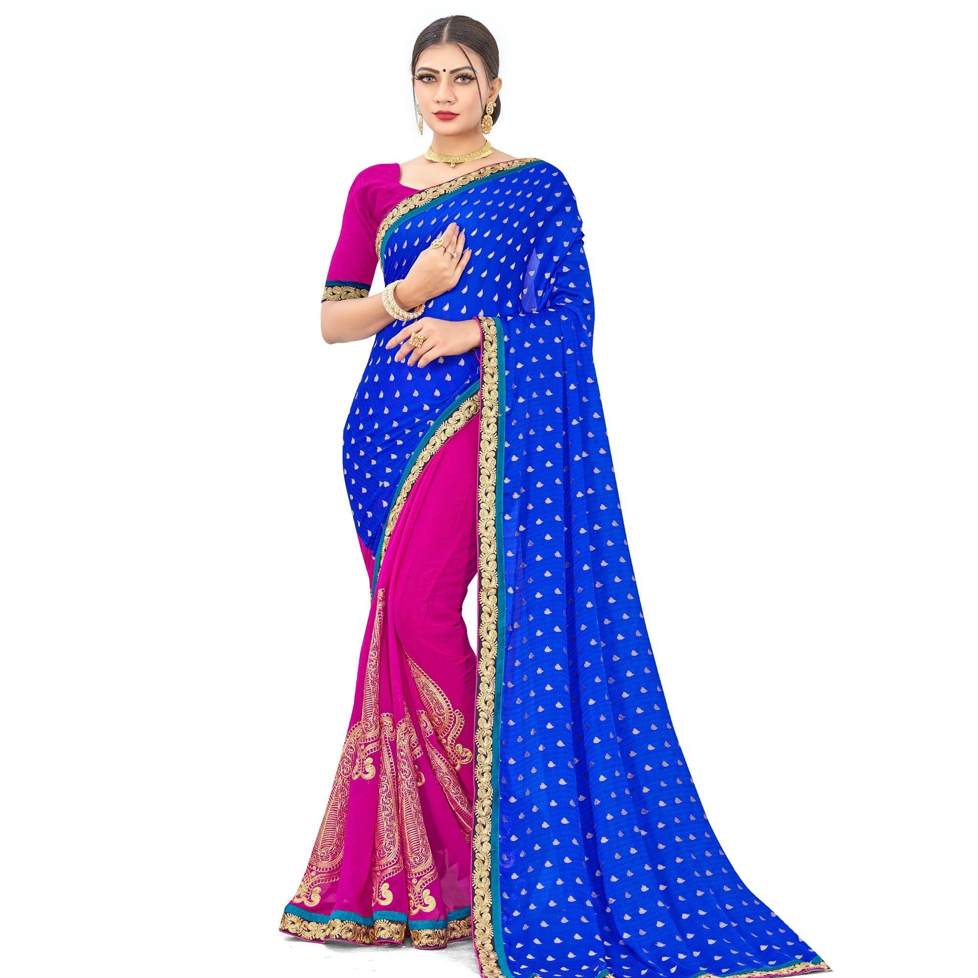 Fantastic Blue-Pink Colored party Wear Embroidered Georgette Half-Half Saree