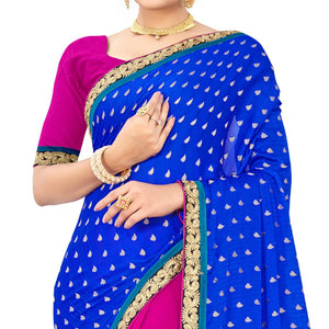 Fantastic Blue-Pink Colored party Wear Embroidered Georgette Half-Half Saree