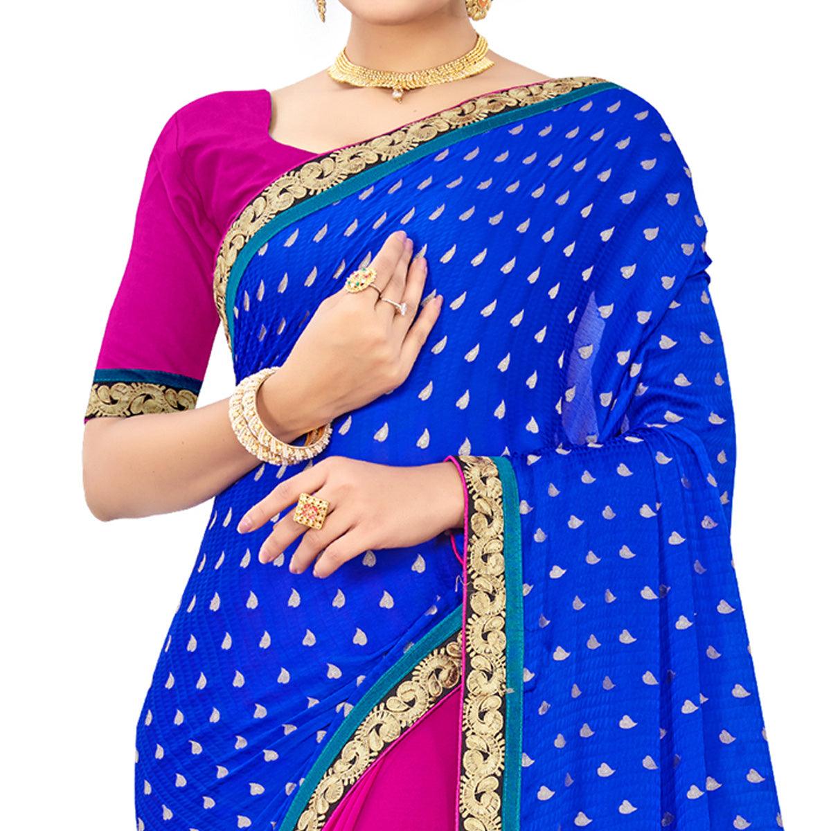Fantastic Blue-Pink Colored party Wear Embroidered Georgette Half-Half Saree