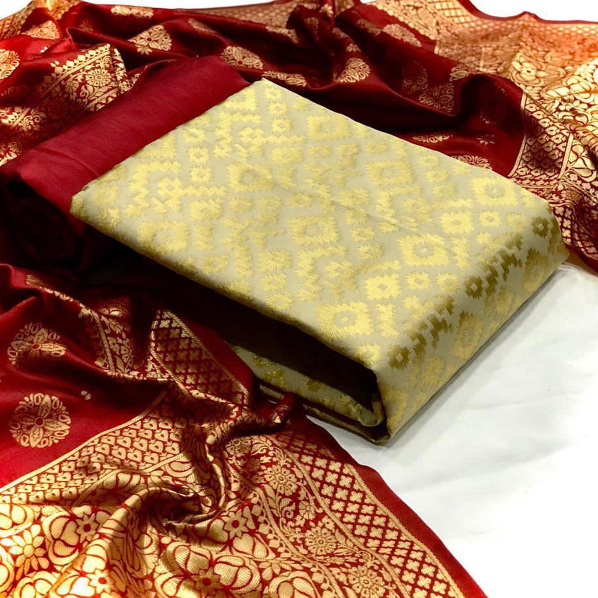 Fantastic Chiku Colored Casual Wear Banarasi Silk Dress Material