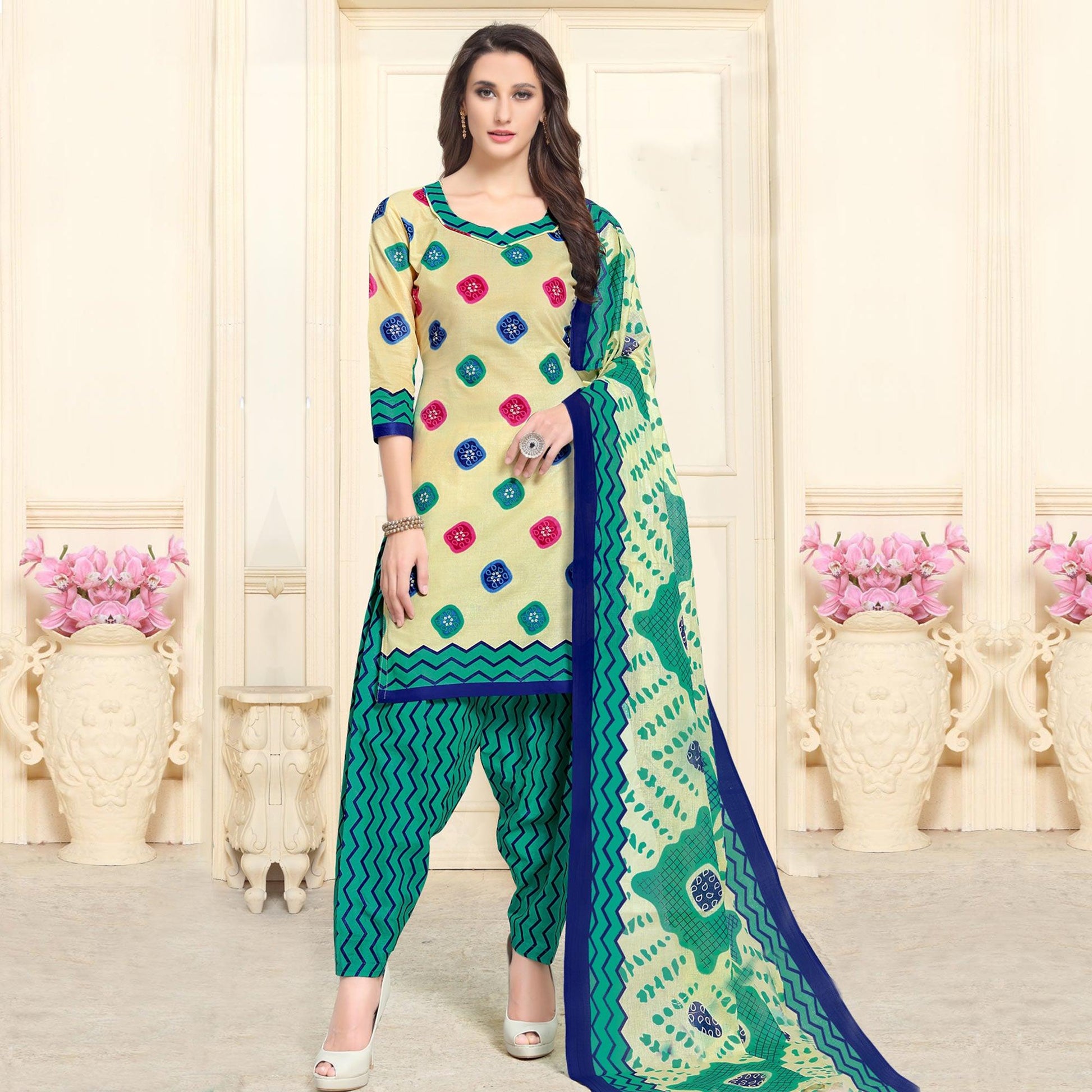Fantastic Cream-Blue Colored Casual Wear Printed Cotton Patiala Dress Material