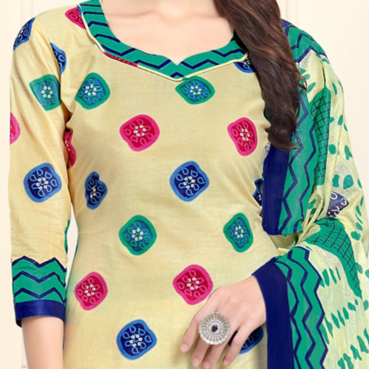 Fantastic Cream-Blue Colored Casual Wear Printed Cotton Patiala Dress Material