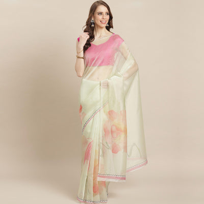 Fantastic Cream Colored Casual Wear Printed Organza Saree