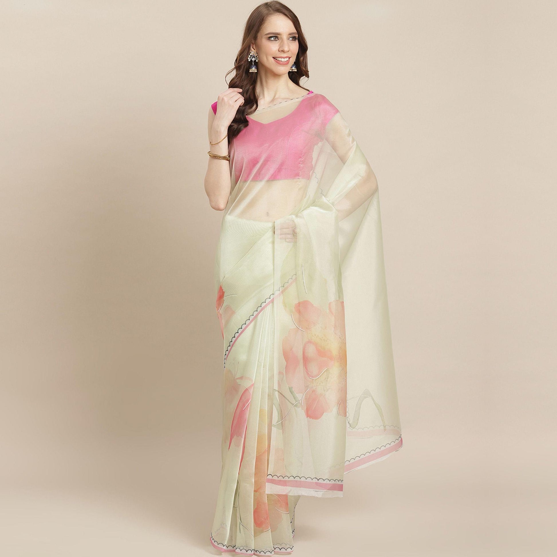 Fantastic Cream Colored Casual Wear Printed Organza Saree