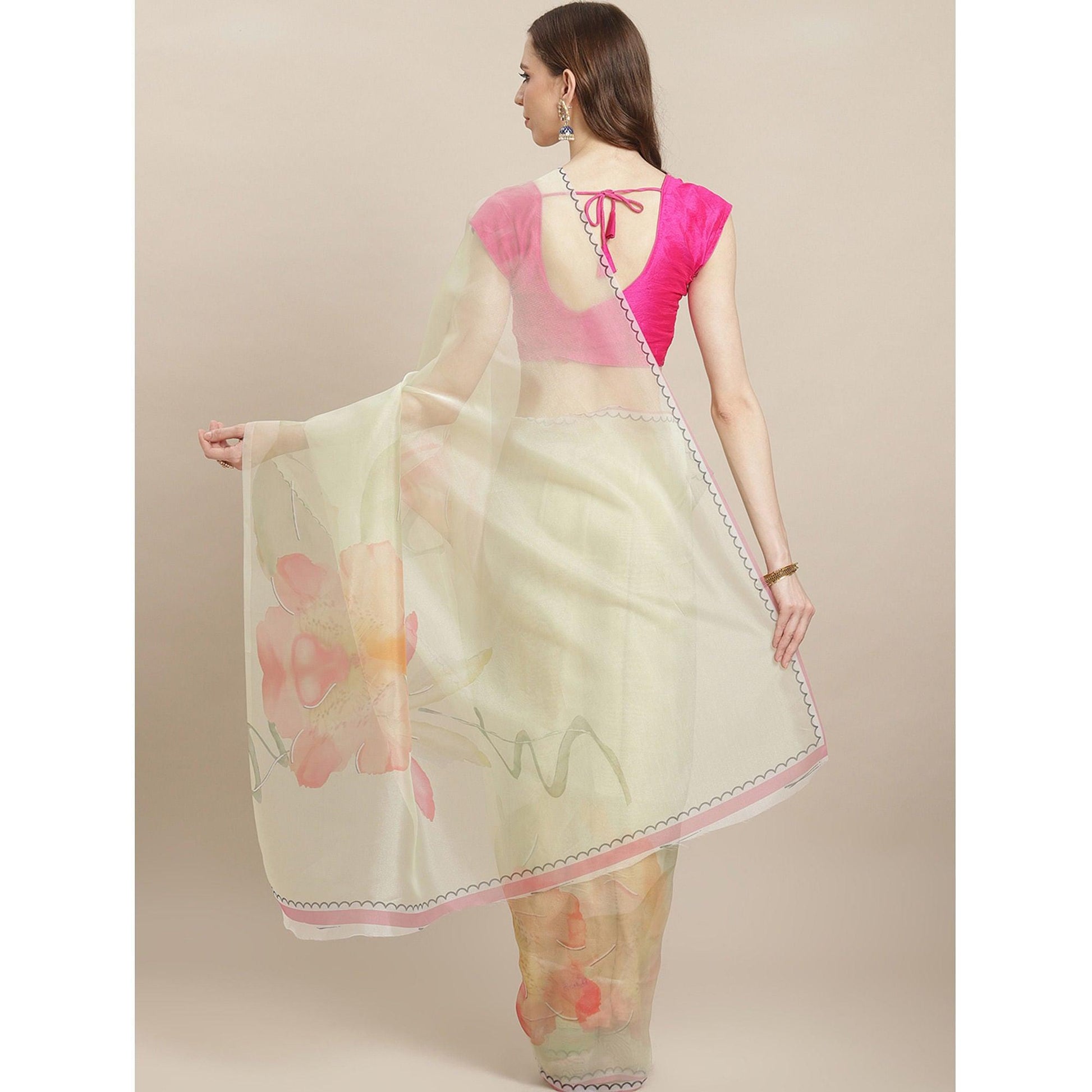 Fantastic Cream Colored Casual Wear Printed Organza Saree
