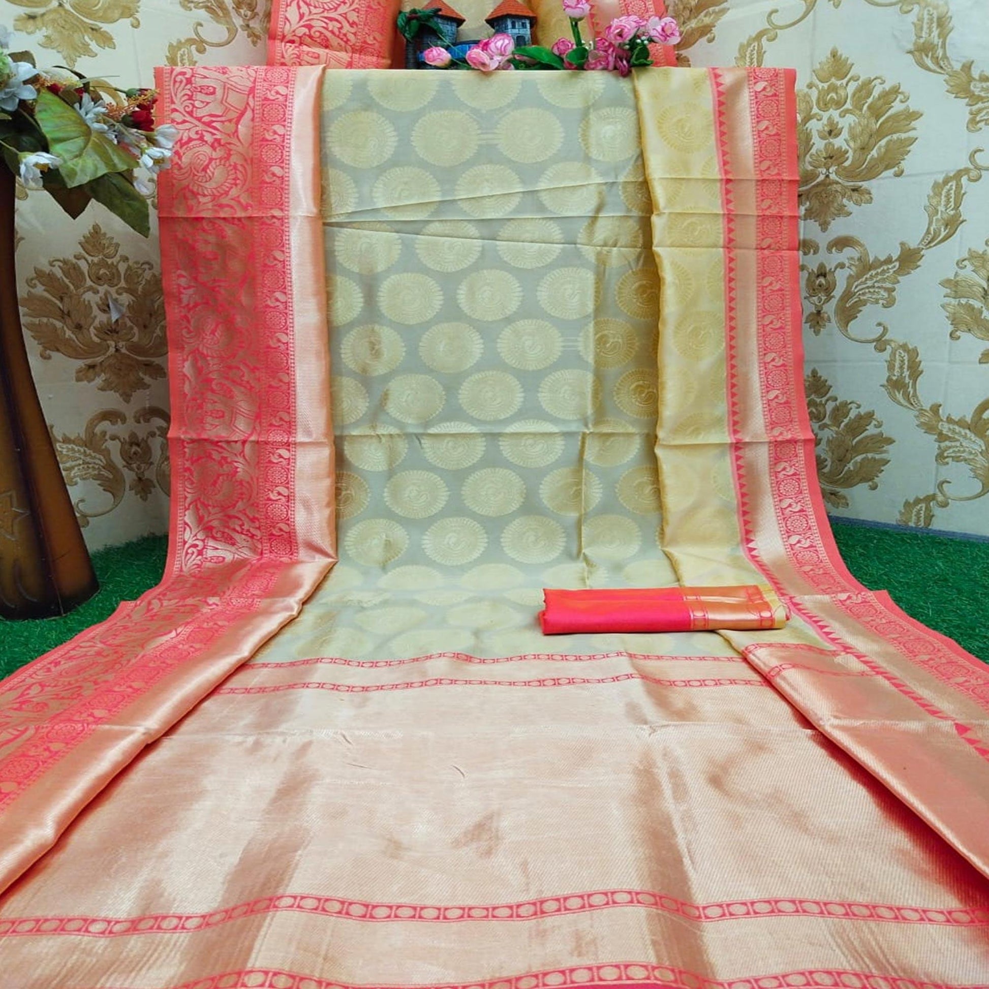 Fantastic Cream Colored Festive Wear Woven Soft Lichi Silk Saree