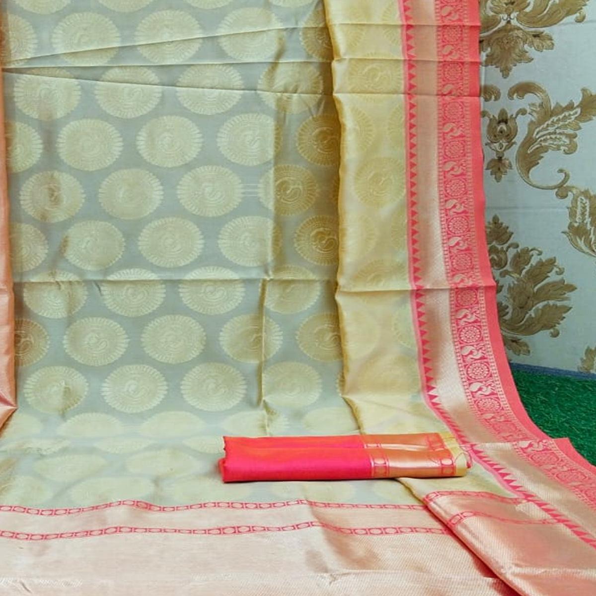 Fantastic Cream Colored Festive Wear Woven Soft Lichi Silk Saree