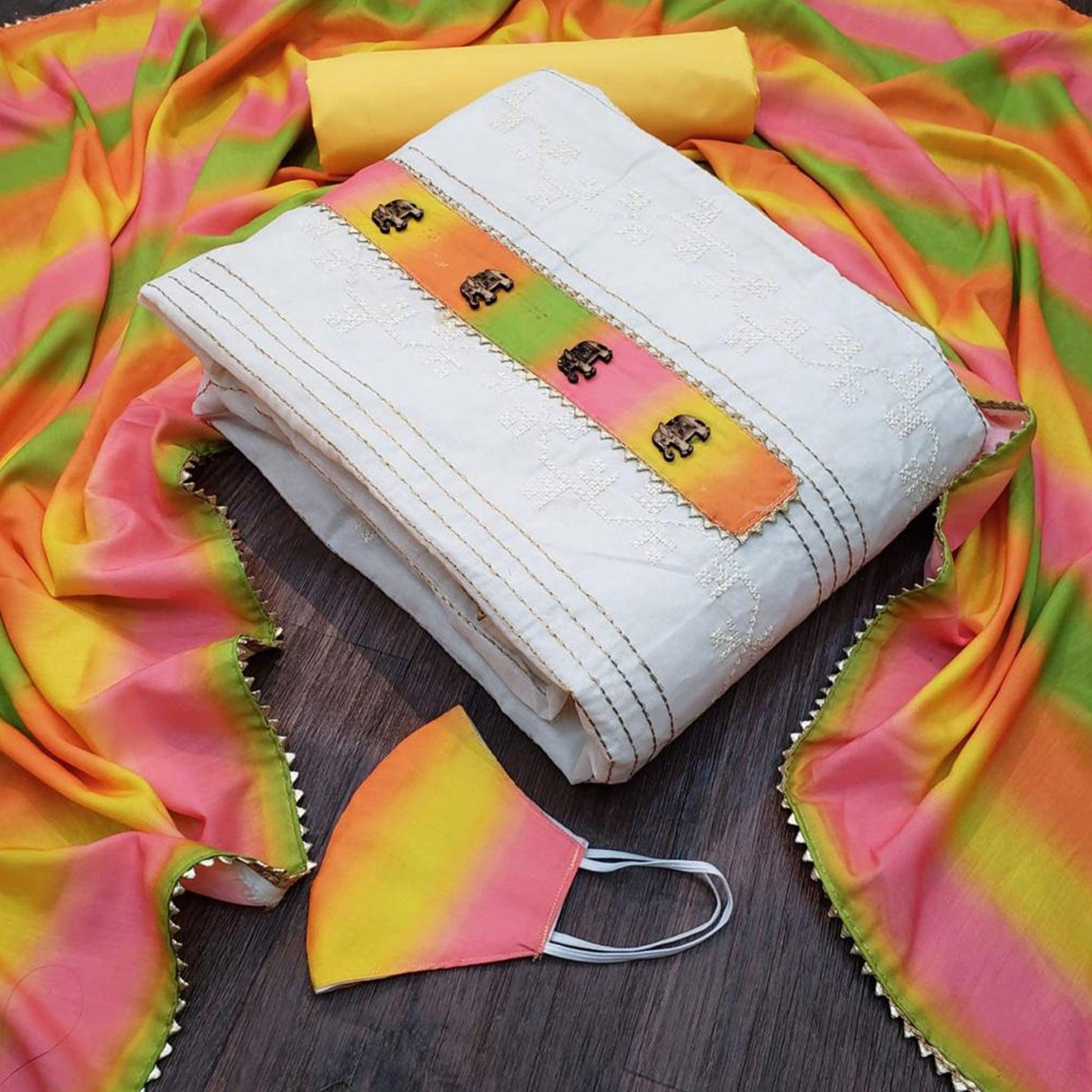 Fantastic Cream - Yellow Colored Casual Wear Embroidered Modal Chanderi Dress Material