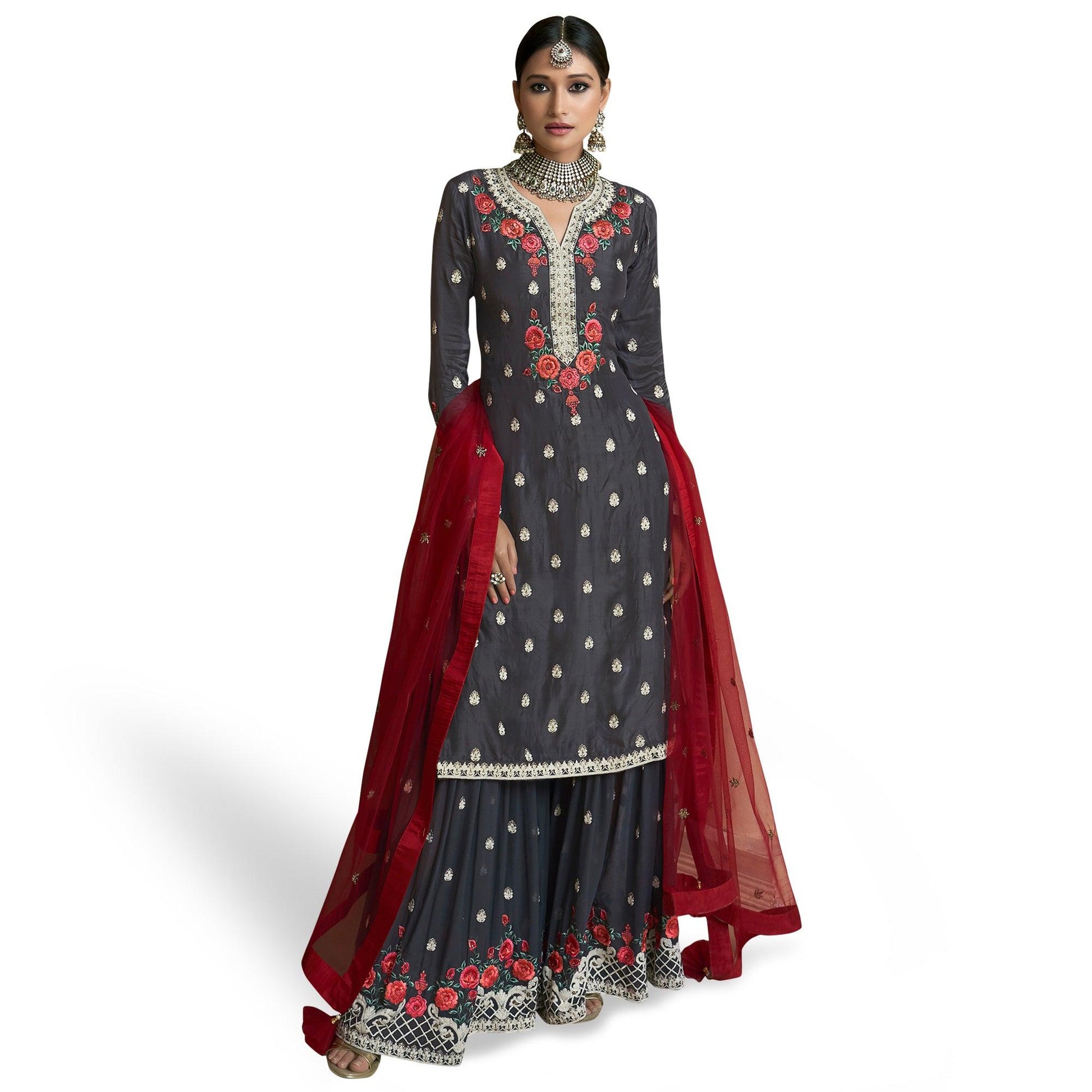 Fantastic Dark Gray Colored Partywear Embroidered Uppada Silk Palazzo Suit