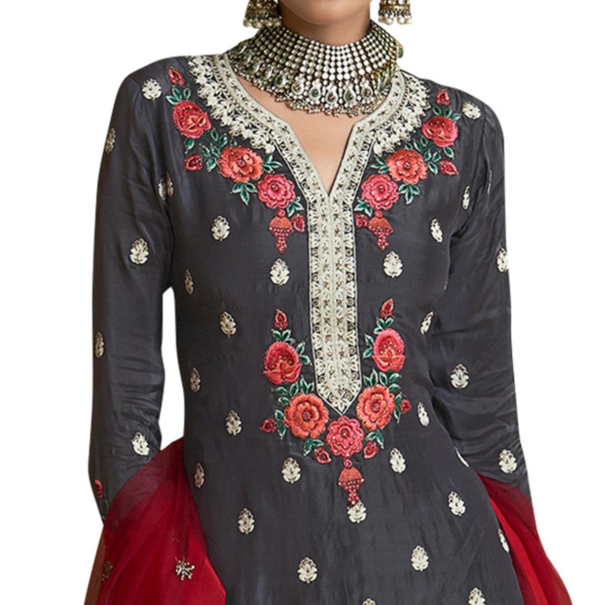Fantastic Dark Gray Colored Partywear Embroidered Uppada Silk Palazzo Suit