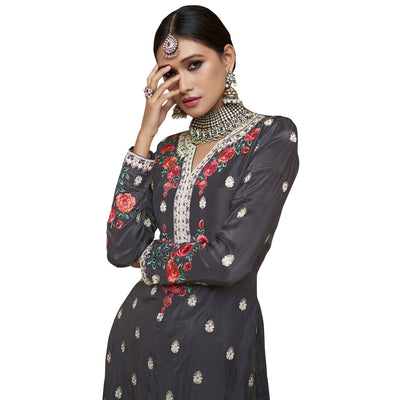 Fantastic Dark Gray Colored Partywear Embroidered Uppada Silk Palazzo Suit