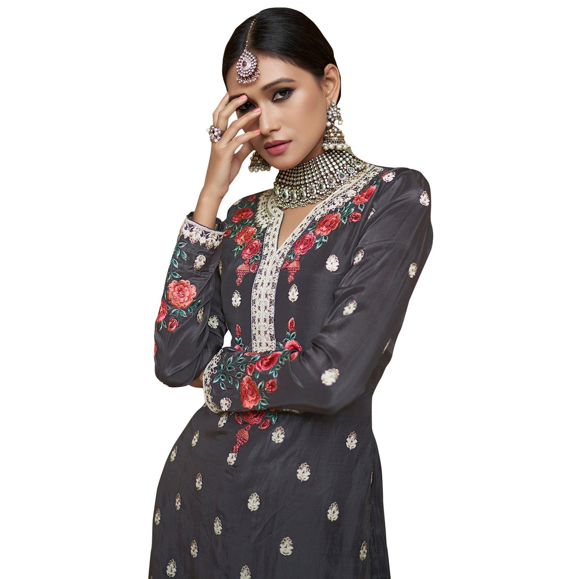 Fantastic Dark Gray Colored Partywear Embroidered Uppada Silk Palazzo Suit