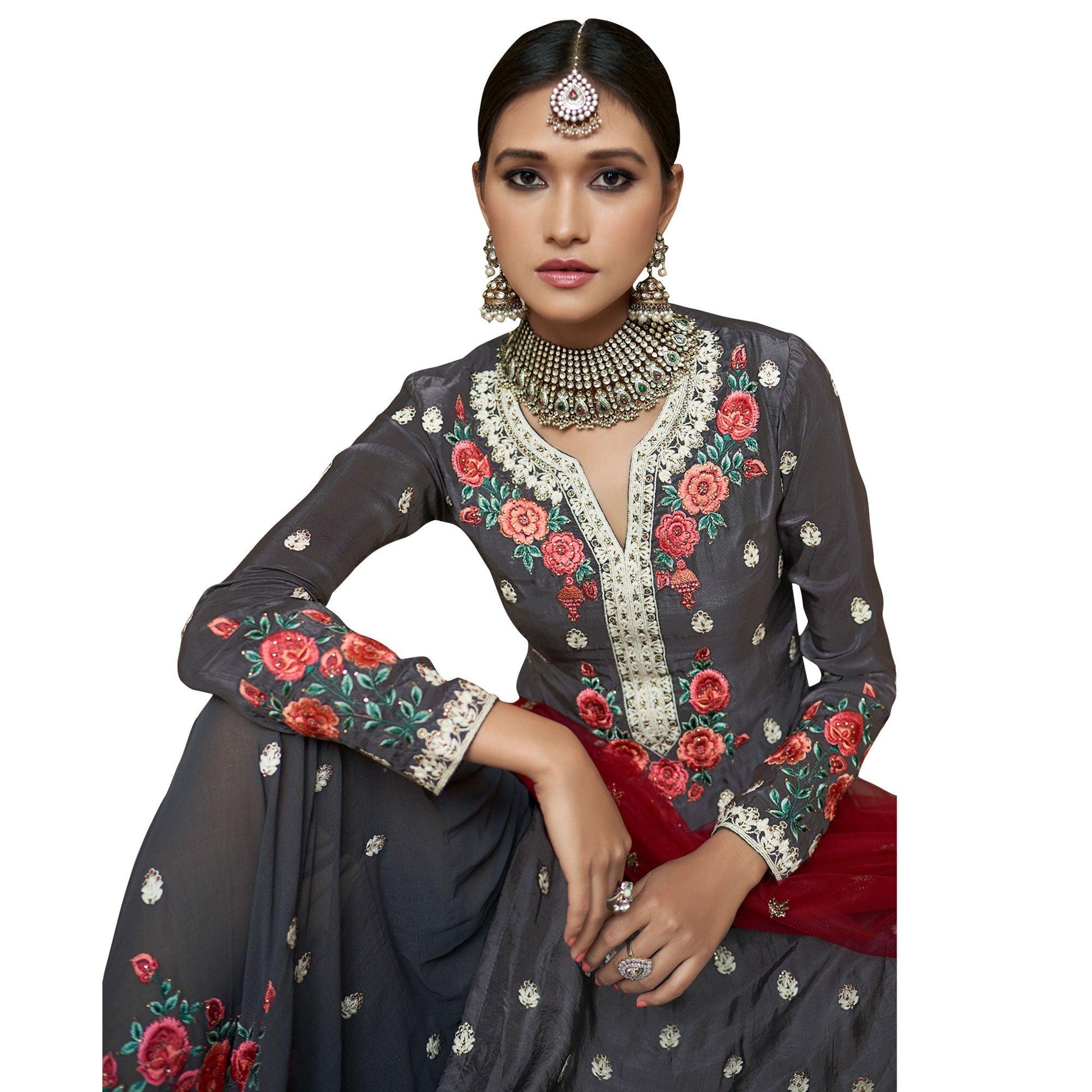Fantastic Dark Gray Colored Partywear Embroidered Uppada Silk Palazzo Suit