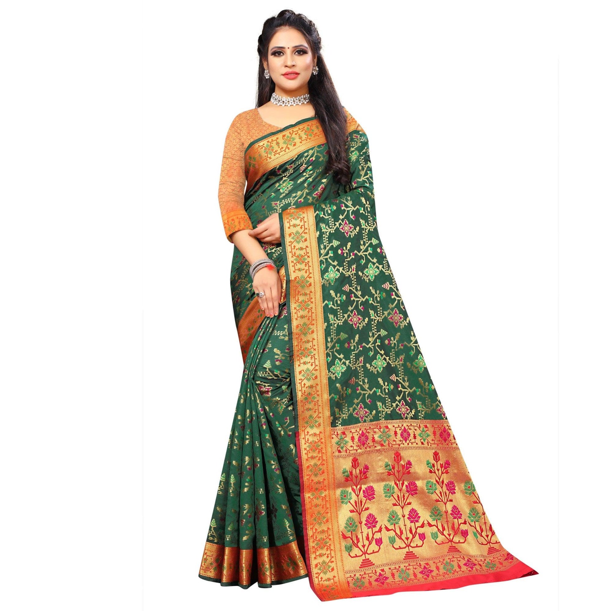 Fantastic Dark Green Colored Festive Wear Woven Silk Saree