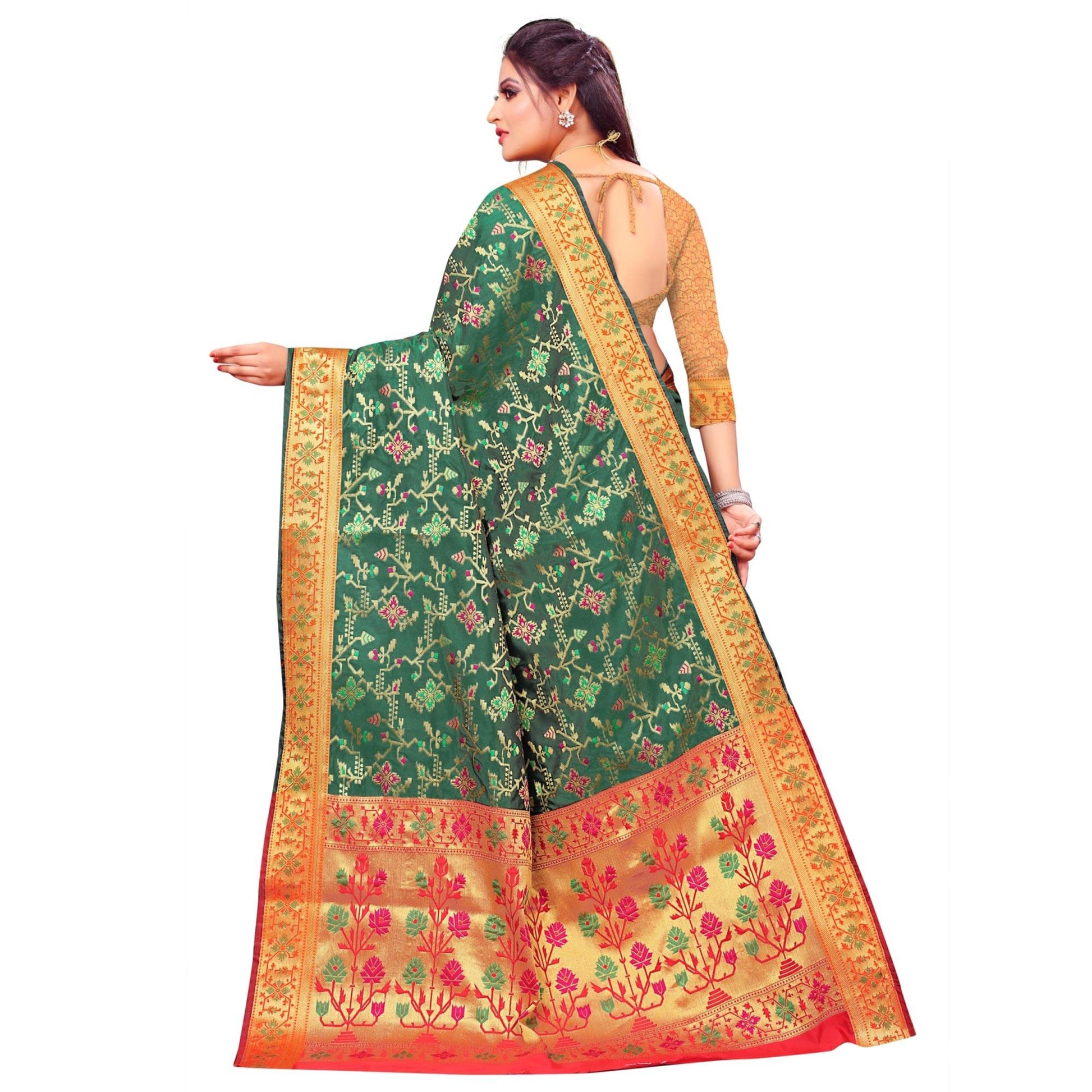 Fantastic Dark Green Colored Festive Wear Woven Silk Saree