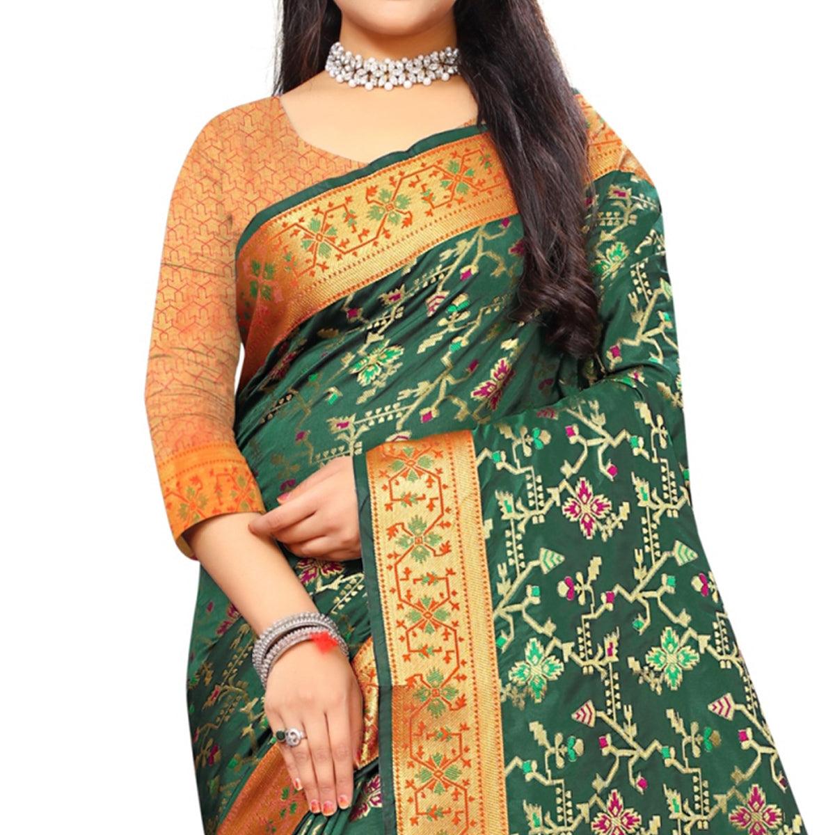 Fantastic Dark Green Colored Festive Wear Woven Silk Saree