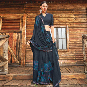 Fantastic Dark Grey Coloured Partywear Pure Georgette Floral Printed Saree With Fancy Lace Border