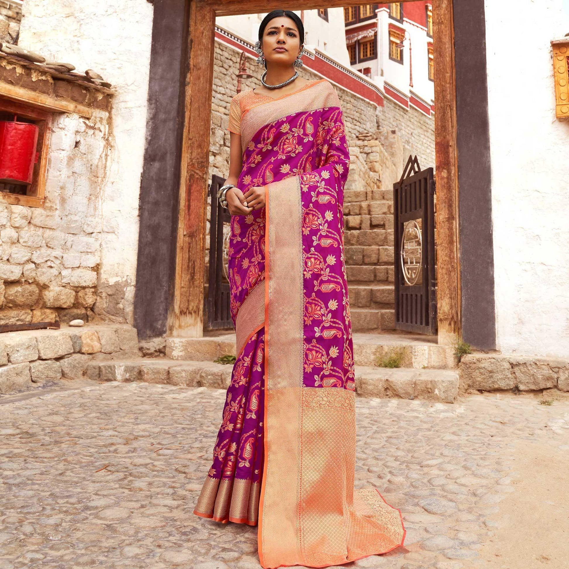 Fantastic Deep Magenta Pink Colored Festive Wear Woven Silk Saree