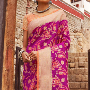 Fantastic Deep Magenta Pink Colored Festive Wear Woven Silk Saree