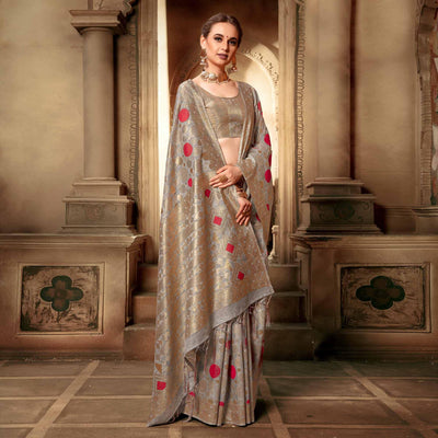 Fantastic Gray Colored Festive Wear Woven Cotton Silk Saree