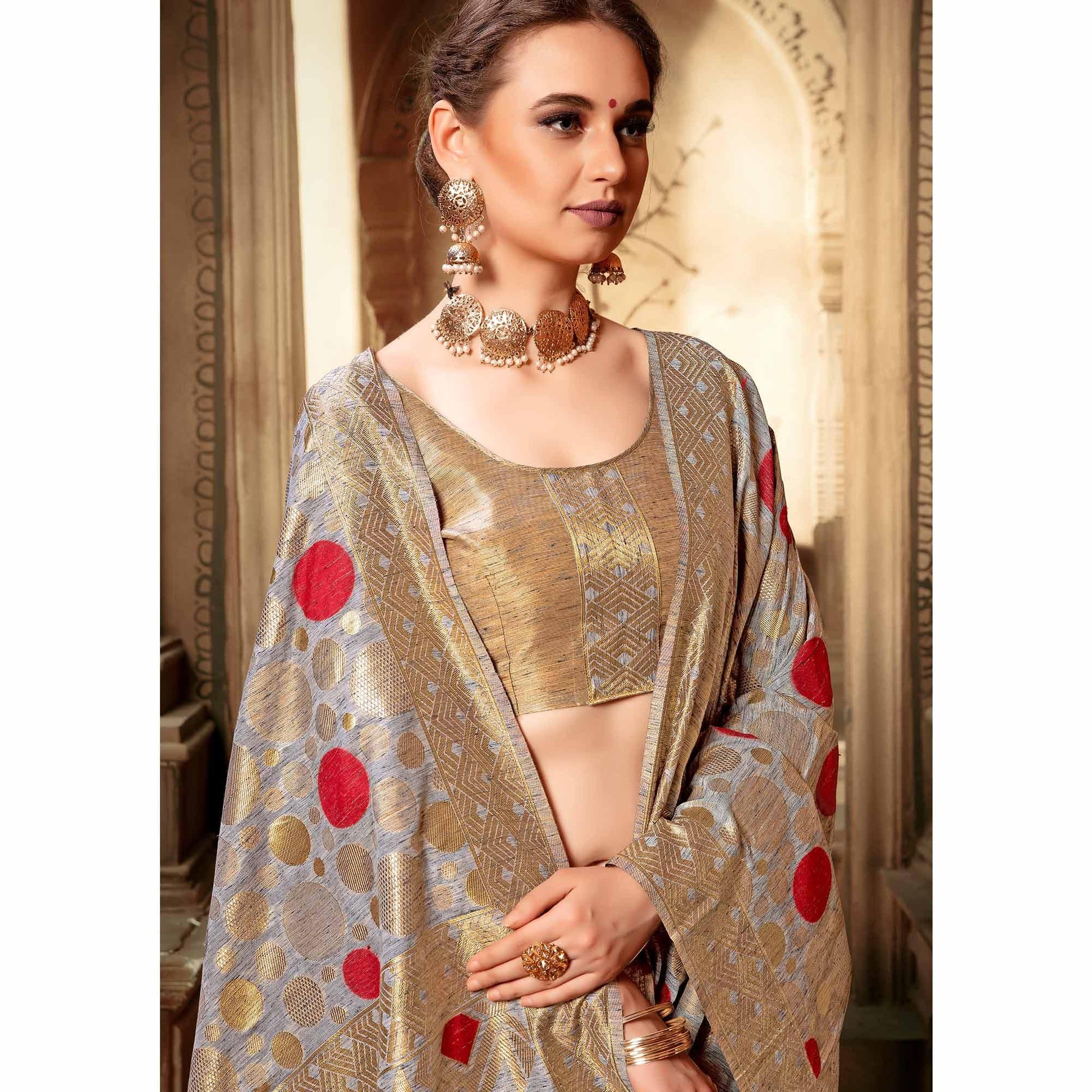 Fantastic Gray Colored Festive Wear Woven Cotton Silk Saree