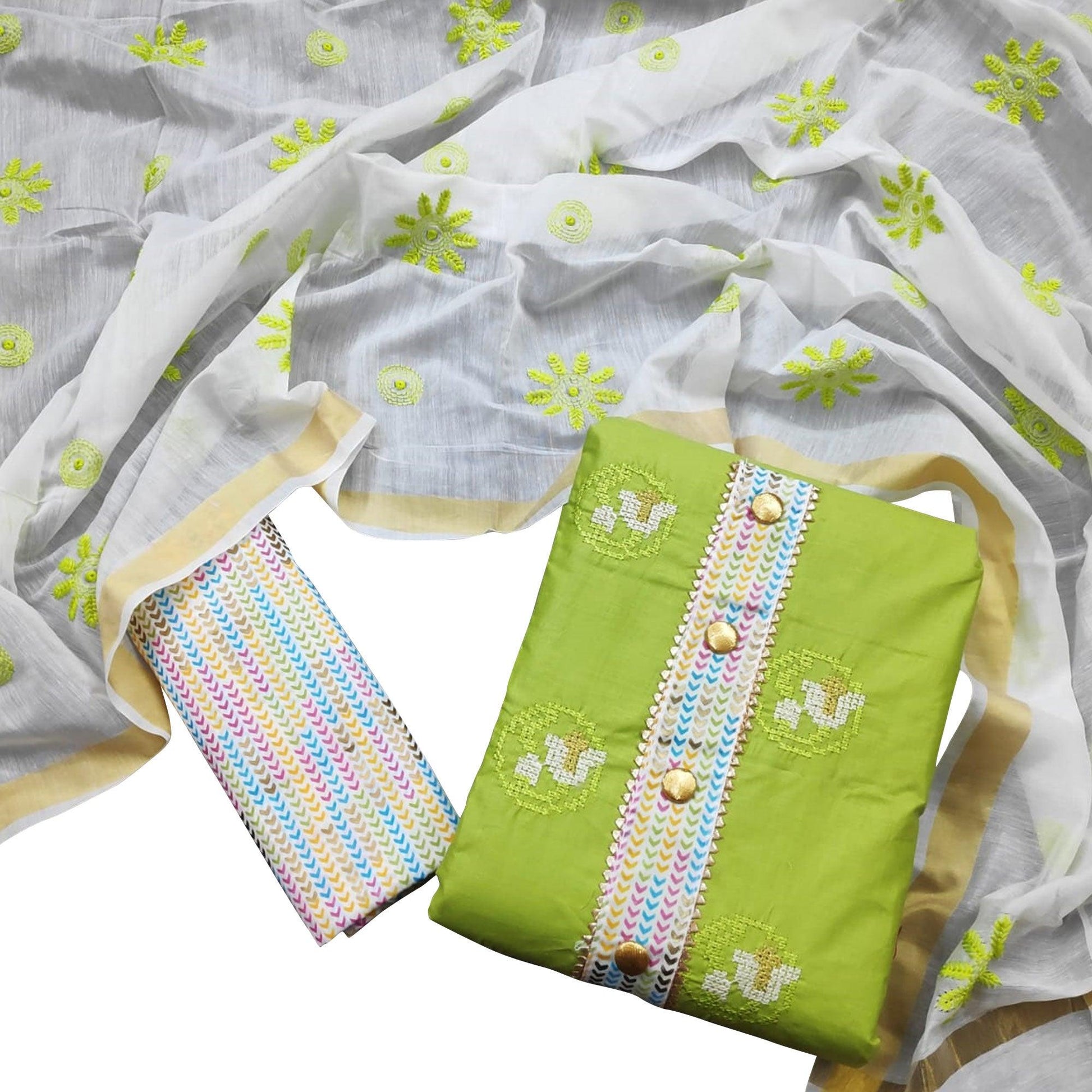 Fantastic Green Colored Casual Wear Embroidered Cotton Dress Material