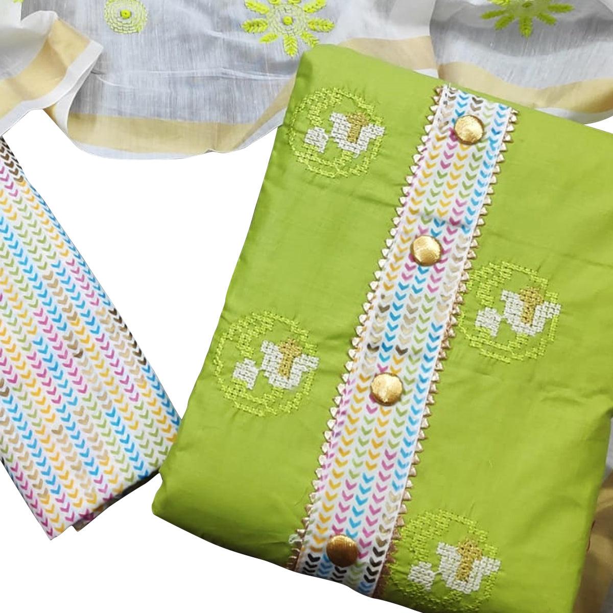Fantastic Green Colored Casual Wear Embroidered Cotton Dress Material