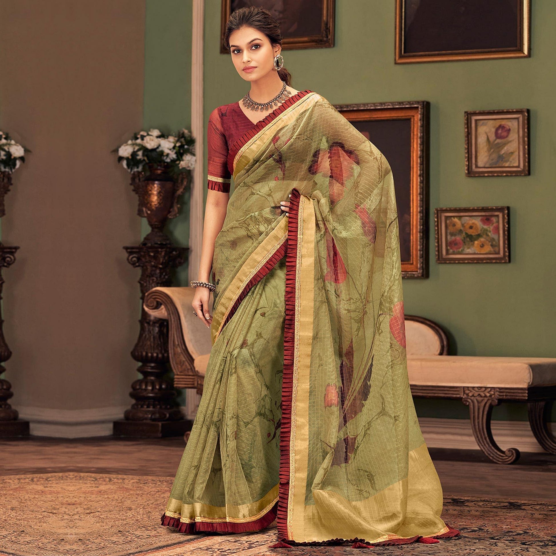 Fantastic Green Colored Festive Wear Printed And Woven Border Silk Saree