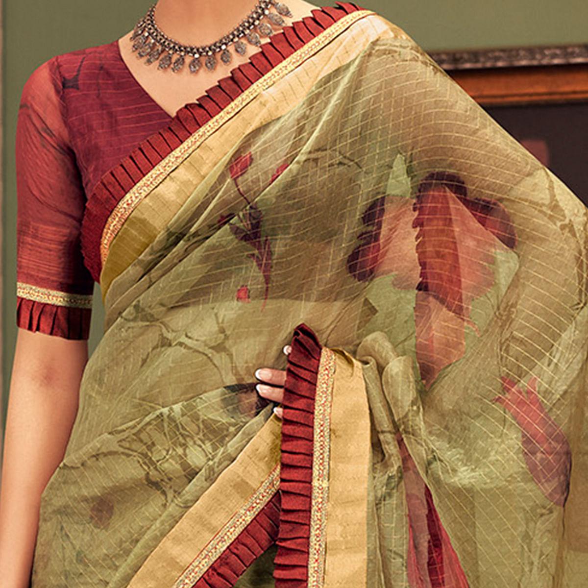 Fantastic Green Colored Festive Wear Printed And Woven Border Silk Saree