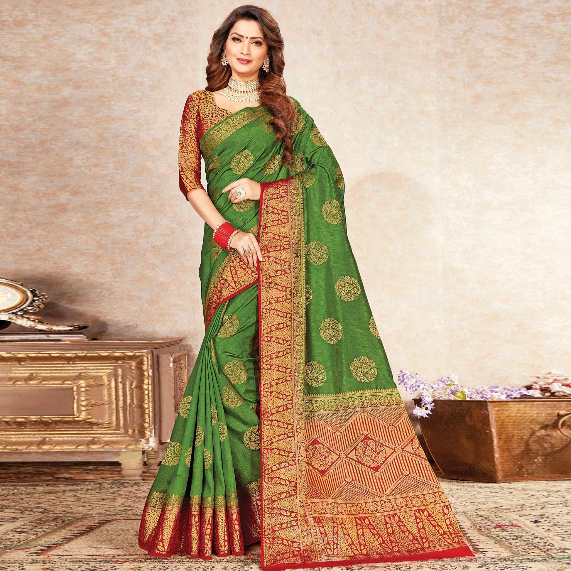 Fantastic Green Colored Festive Wear Woven Cotton Silk Saree