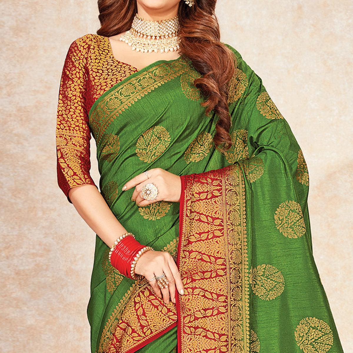 Fantastic Green Colored Festive Wear Woven Cotton Silk Saree