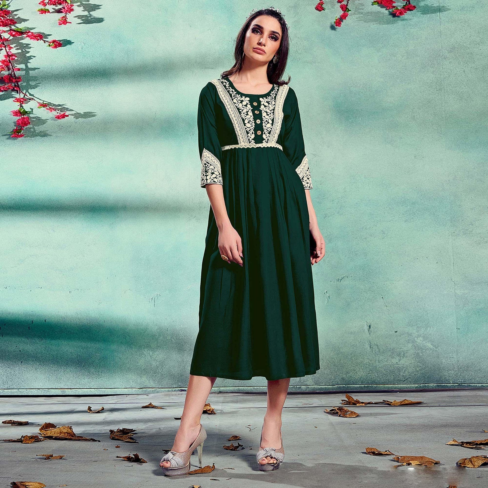 Fantastic Green Colored Partywear Lucknowi Embroidered Pure Rayon Fancy Kurti