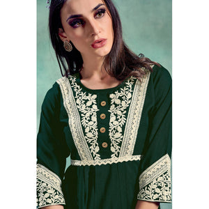 Fantastic Green Colored Partywear Lucknowi Embroidered Pure Rayon Fancy Kurti