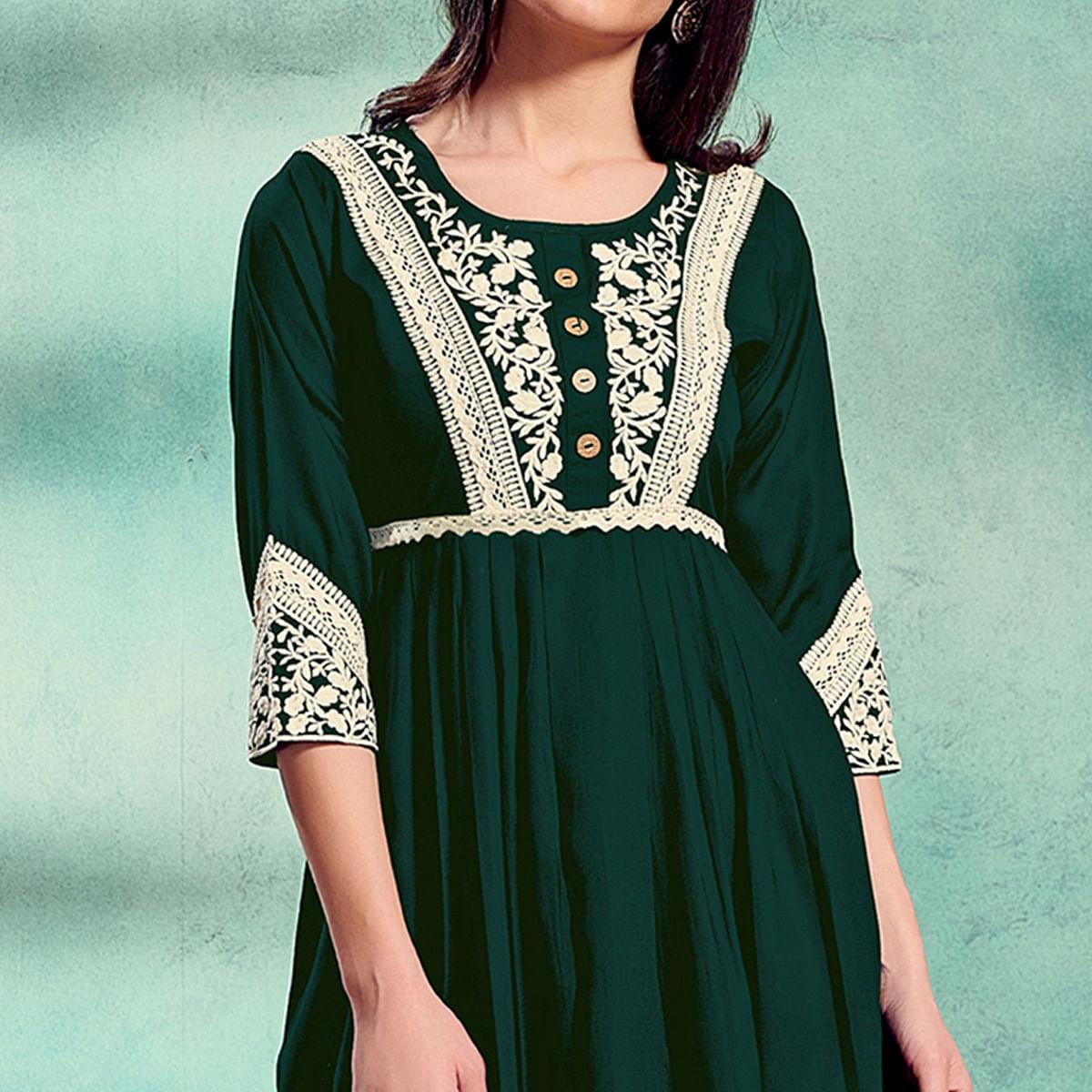 Fantastic Green Colored Partywear Lucknowi Embroidered Pure Rayon Fancy Kurti
