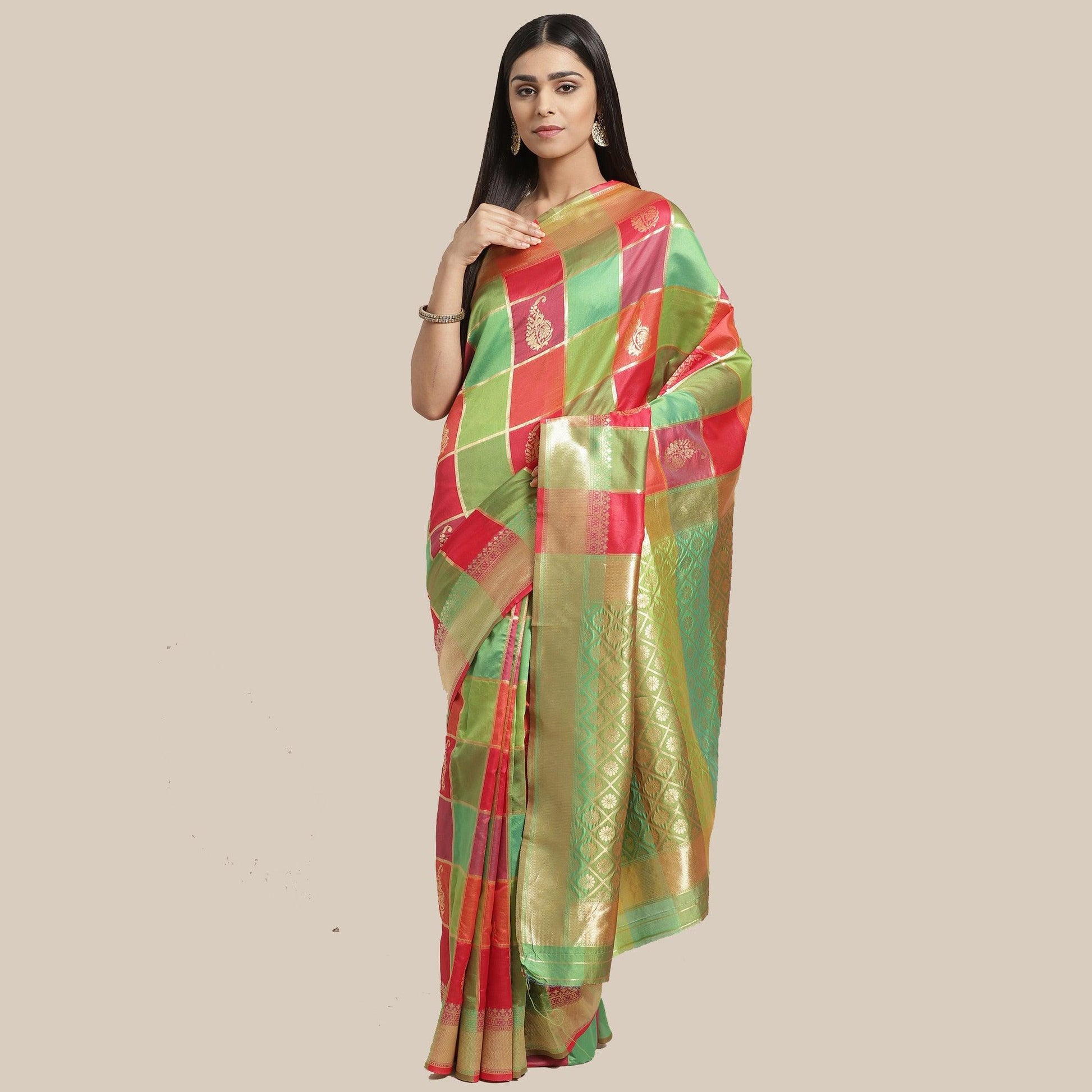 Fantastic Green-Pink Colored Festive Wear Woven Silk Blend Saree