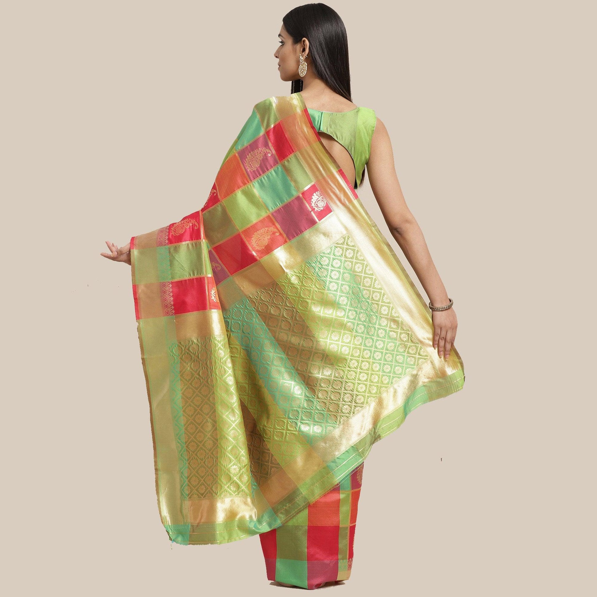 Fantastic Green-Pink Colored Festive Wear Woven Silk Blend Saree